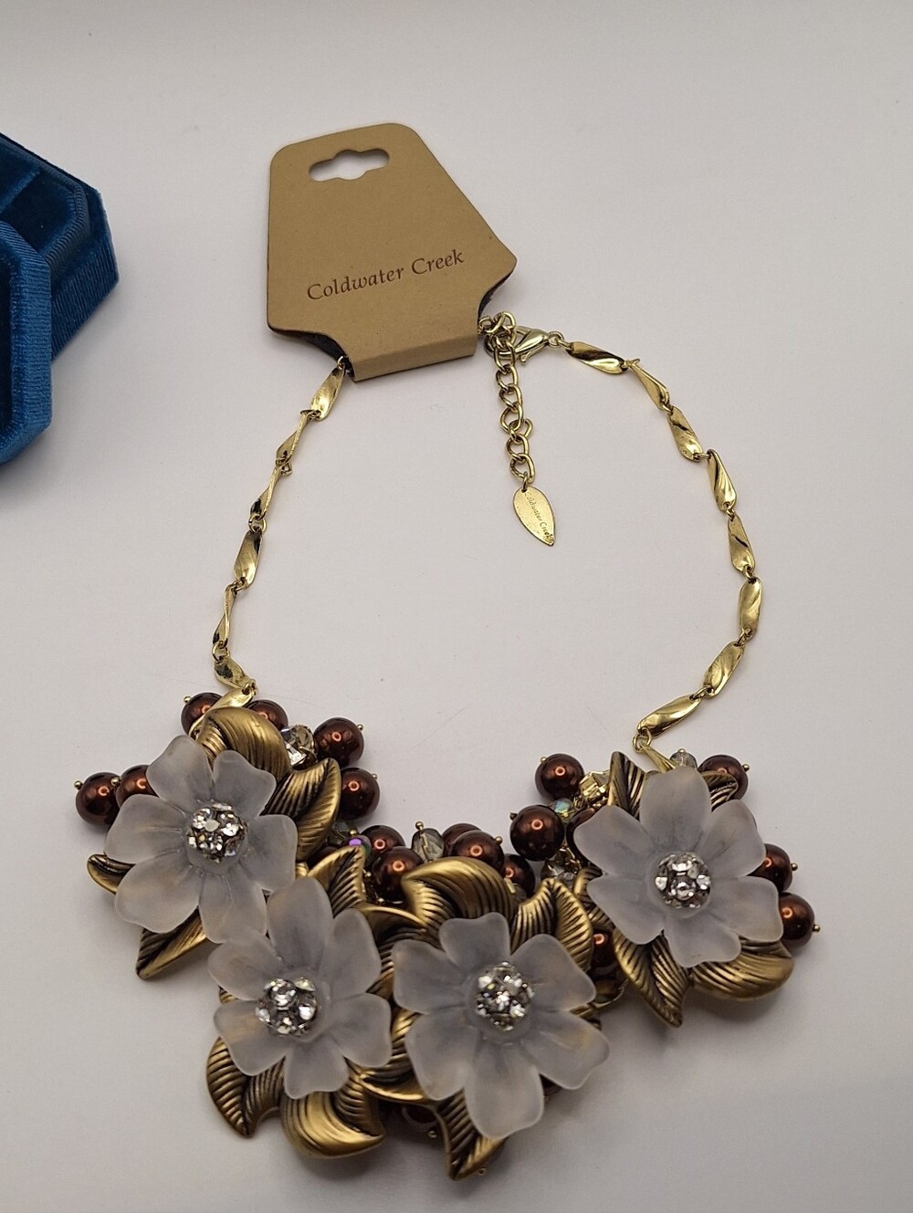Coldwater Creek Gold-Tone Necklace with Frosted White Flowers and Brown Beads